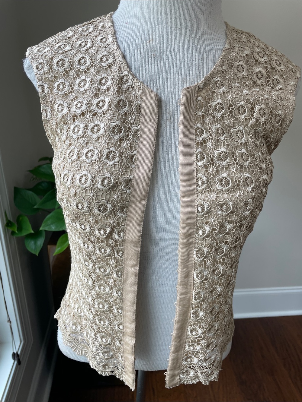 Hand Crafted Beige Crochet Lace Open-Front Vest